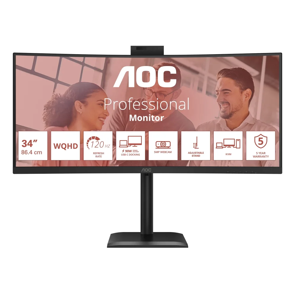 AOC CU34E4CW, 34" Curved 1500R, VA, WLED, 3440x1440@120Hz, 4ms GtG, 1ms MPRT, 350cd m/2, 3500:1, 50M:1 DCR, Adaptive Sync, FlickerFree, Anti-Blue Light, 5Wx2, Webcam 5MP, Tilt, Height Adjust, Swivel, 2xHDMI, DP, USB hub, KVM, RJ45