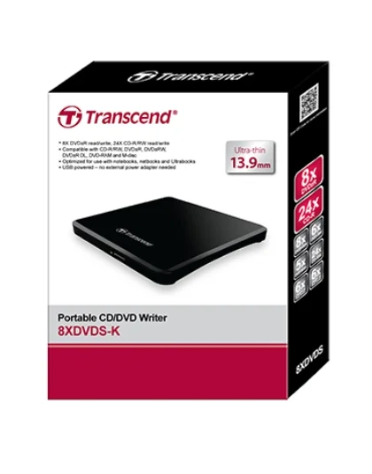 Transcend 8X DVD±RW, Slim Type, USB 2.0 (Black), 13.9mm Thickness