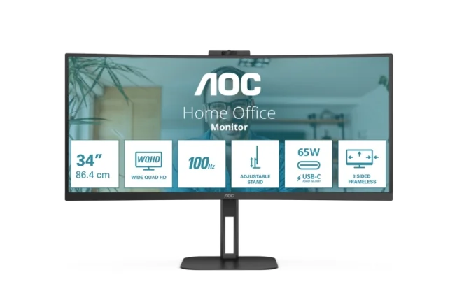 AOC CU34V5C/BK, 34" Curved 1500R VA WLED, 3440x1440@100Hz, 4ms GtG, 1ms MPRT, 300cd m/2, 3000:1, 20M:1 DCR, Adaptive Sync, FlickerFree, Low Blue Light, 5Wx2, Tilt, Height Adjust, Swivel, HDMI, DP, USB hub
