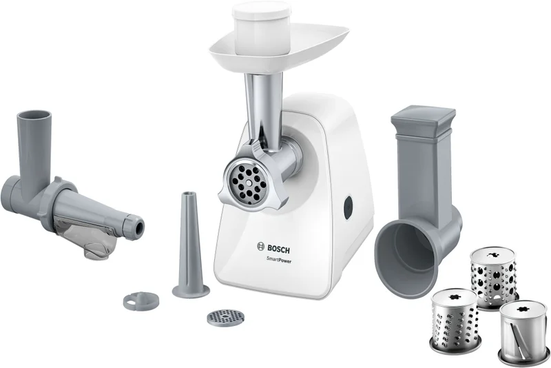 Bosch MFW2517W, Meat mincer, SmartPower Meat mincer from SmartPower range: 1500W, 1,7 kg/min, 2 sieves, 1 sausage horn, fruit press attachment, shredder with 3 barrels, no reverse, white