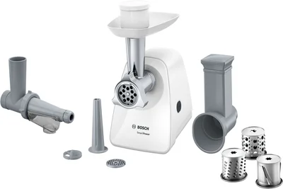 Bosch MFW2517W, Meat mincer, SmartPower Meat mincer from SmartPower range: 1500W, 1,7 kg/min, 2 sieves, 1 sausage horn, fruit press attachment, shredder with 3 barrels, no reverse, white