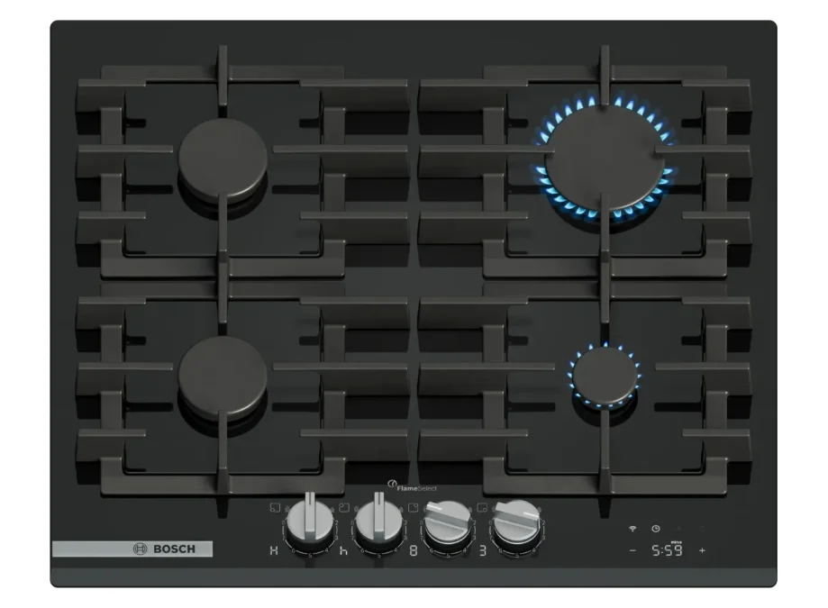 Bosch PRP6A6H40, SER8, Gas hob, 4 zones, 9 power levels, FlameSelect new, Smart Hood Automatic, Touch control, Easy cleaning, illuminated metal knobs, display, black, Front-bevel, HC, 60cm