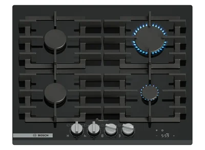 Bosch PRP6A6H40, SER8, Gas hob, 4 zones, 9 power levels, FlameSelect new, Smart Hood Automatic, Touch control, Easy cleaning, illuminated metal knobs, display, black, Front-bevel, HC, 60cm