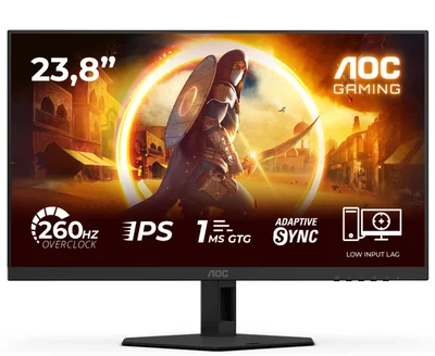 AOC 24G4ZR, 23.8" Fast IPS WLED, 1920x1080@260Hz (OC, Native 240Hz), 1ms GtG, 0.3ms MPRT, 300cd m/2, 1000:1, Adaptive Sync, FlickerFree, Anti Blue Light, Tilt, Height Adjust, Pivot, Swivel, 2xHDMI, DP