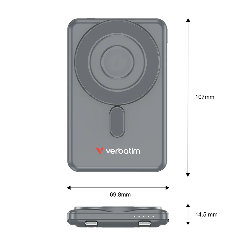 Външна батерия Verbatim Charge 'n' Go 2C 5000mAh магнитна безжична с 2 USB-C кабела и стойка, сива