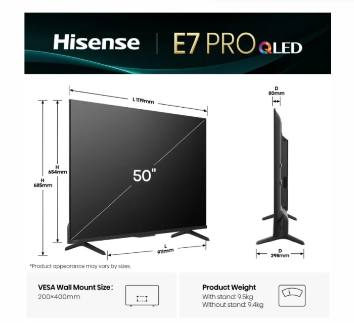 Телевизор Hisense – E7Q Pro, 50", 4K UHD, QLED, 144Hz
