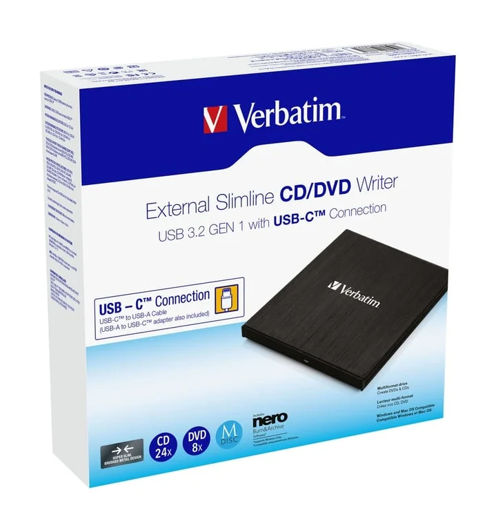 Външно оптично устройство Verbatim Slimline CD/DVD Writer USB 3.2 Gen 1/USB-C