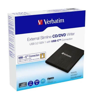 Външно оптично устройство Verbatim Slimline CD/DVD Writer USB 3.2 Gen 1/USB-C
