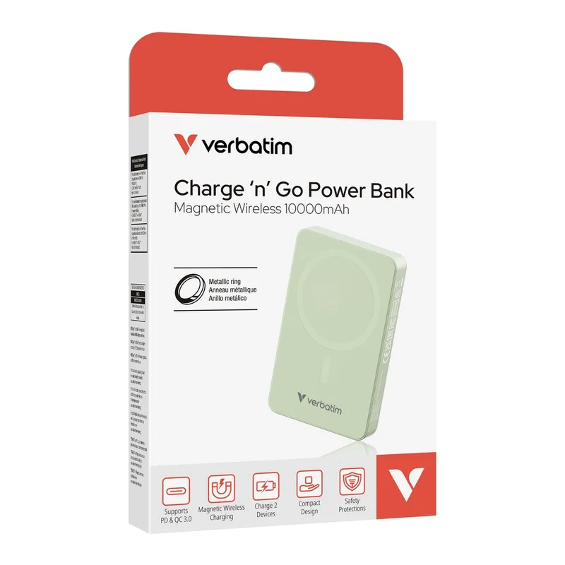 Verbatim Charge 'n' Go Essentials Power Bank Magnetic Wireless 10000mAh Green