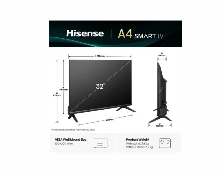 Телевизор Hisense 32" A4Q, HD, 1366x768, Direct LED, 60Hz, Smart TV, черен