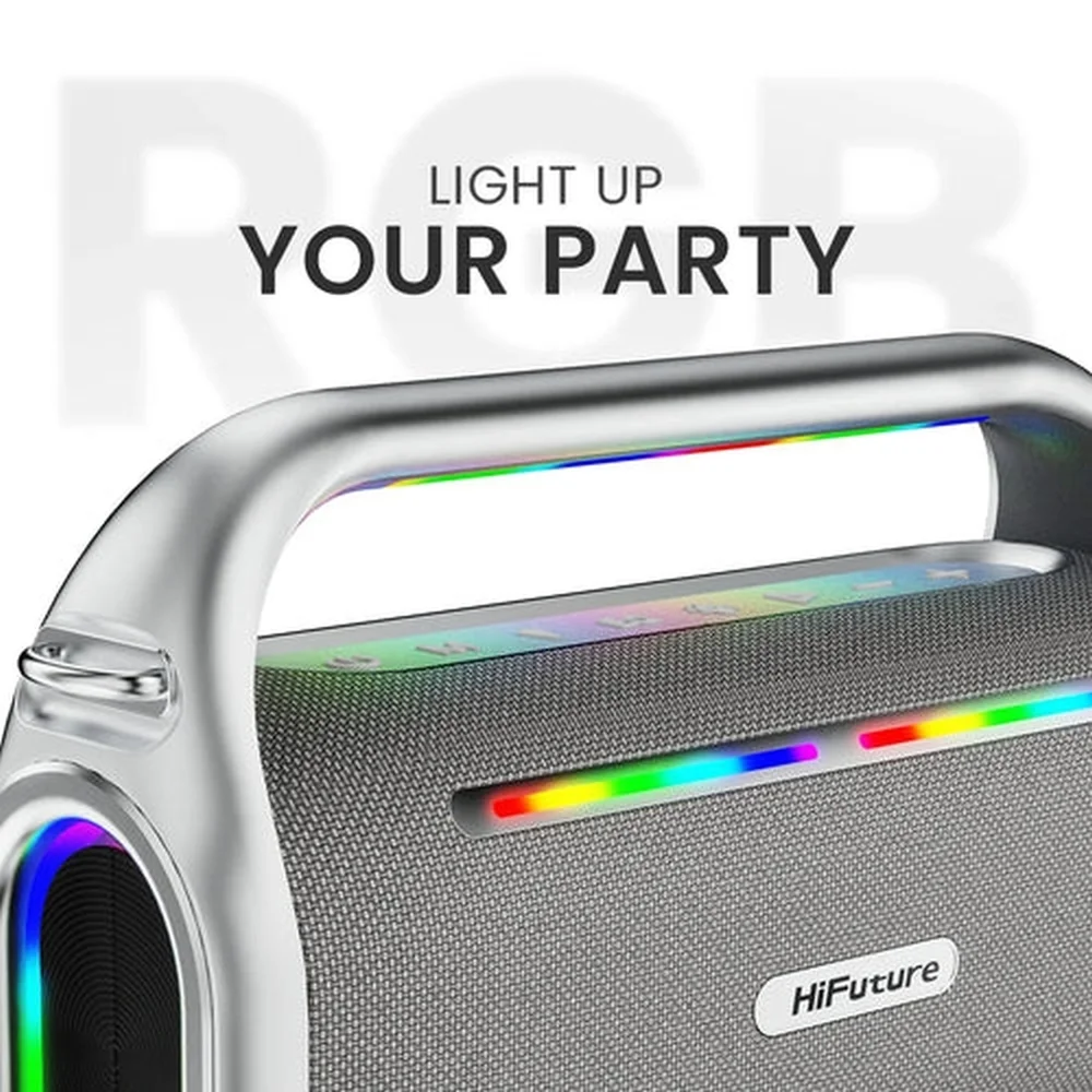 HiFuture MusicBox100 Silver, 20W Output, Karaoke Enable, Two Wireless Microphone, 4000mAh Battery (Support Power Bank), RGB Lighting, Pair to Play (TWS Mode), Bluetooth 5.3
