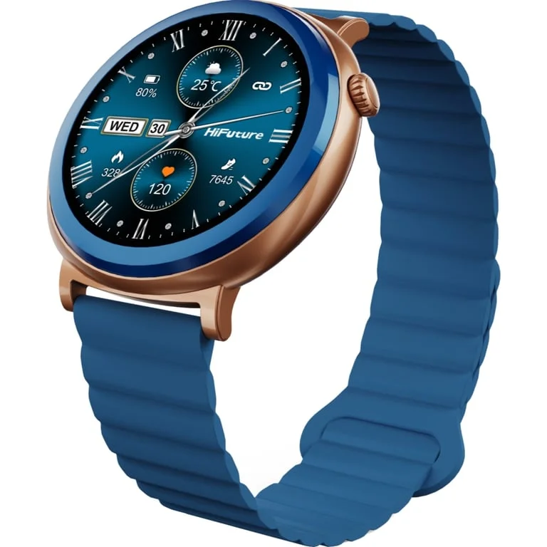 HiFuture Aurora Blue, 1.43" AMOLED,  466*466, Powered by Dual Core & Syntra AI, Bluetooth Call, IP68  Waterproof, 24/7 True Heart Rate & Blood Oxygen Sensor, Up to 10 days daily use, Magnetic Strap