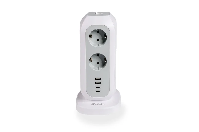 Разклонител Verbatim EUPT-01 Power Tower 11 гнезда, 2x USB-C, 2x USB-A, 3600W, 2m, Бял