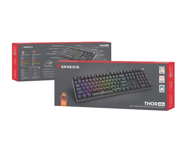 Genesis Mechanical Gaming Keyboard Thor 404 Black RGB Backlight Outemu Peach Silent, US Layout