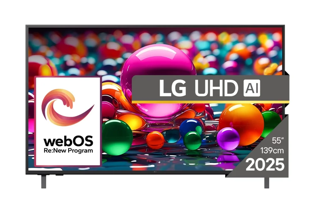 LG 55UA75003LA, 55" 4K UltraHD TV 4K (3840x2160), DVB-T2/C/S2, webOS 25 Smart, ThinQ AI, Alpha 7 AI Processor, WiFi, HDR10 pro, HLG, ALLM/HGiG, 4K Upscaling, AI Sound pro, Multiple View, HDMI eARC, LAN, USB, Bluetooth, Google Cast, 2 Pole Stand, Black