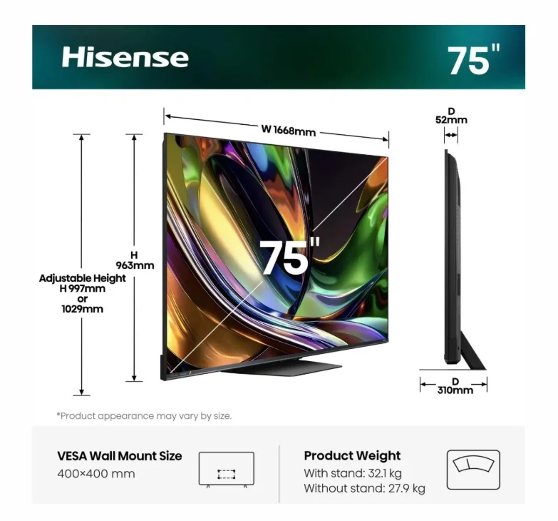 Hisense 75" UR8S, 4K Ultra HD 3840x2160, RGB Mini Led , DLED, Quantum Dot, 180Hz, IPS, HDR 10+, HLG, Dolby Vision IQ, Dolby Atmos, Smart TV,Light Sensor,WiFi 6eGHz, WiFi Direct, BT,2x10 W + 20 W + 2x5 W, Anyview Cast, 4xHDMI, 2xUSB, LAN, CI+, DVB-T2/C/S2