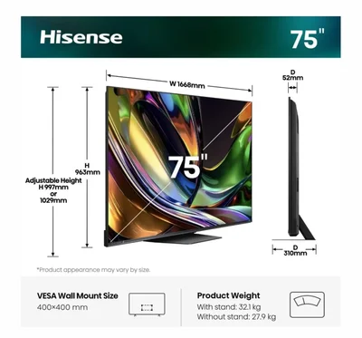 Hisense 75" UR8S, 4K Ultra HD 3840x2160, RGB Mini Led , DLED, Quantum Dot, 180Hz, IPS, HDR 10+, HLG, Dolby Vision IQ, Dolby Atmos, Smart TV,Light Sensor,WiFi 6eGHz, WiFi Direct, BT,2x10 W + 20 W + 2x5 W, Anyview Cast, 4xHDMI, 2xUSB, LAN, CI+, DVB-T2/C/S2