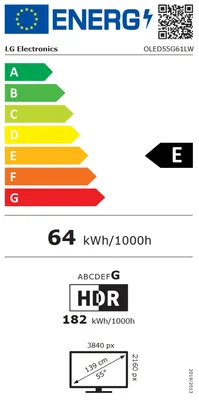 LG OLED55G61LW, 55" UHD OLED evo, 4K (3840 x 2160), DVB-C/T2/S2, Full Cinema Screnn, Alpha 11 AI 4K, 120Hz Native (VRR 165Hz), ThinQ AI, HDR10, VRR, NVIDIA G-SYNC, AMD FreeSync, Dolby Vision, Dolby Atmos, Wi-Fi 6, Bluetooth, HDMI, USB, Airplay 2, IC slot