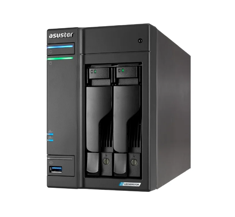 Asustor Lockerstor AS6702T, 2 Bay NAS, Intel Jasper Lake 4C 2.0 GHz, 4GB DDR4 SODIMM, M.2 NVMe x4 slots (Diskless), USB 2.0, USB 3.2 Gen 2x2, Dual 5GbE Ports, WOW (Wake on WAN), AES-NI hardware encryption, MyArchive (support btrfs and snapshot), Black