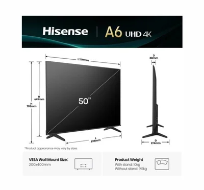 Телевизор Hisense 50A6Q 50" 4K UHD DLED Dolby Vision Smart TV Черен