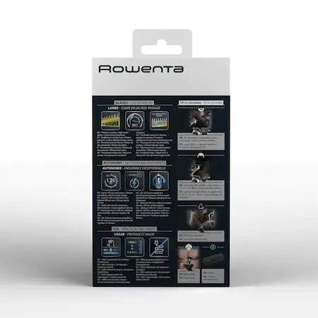 Rowenta TN9140F4, Multistyler Trim & Style Easy, hair + beard + body + ear & nose, cordless, wet & dry, minimum cutting length 0.5mm, hair blade 42mm, 6 fix hair combs, hair cutting lengths 3, 6, 9, 12, mm, beard blade 32mm, 3 fix beard combs, 3 day bear