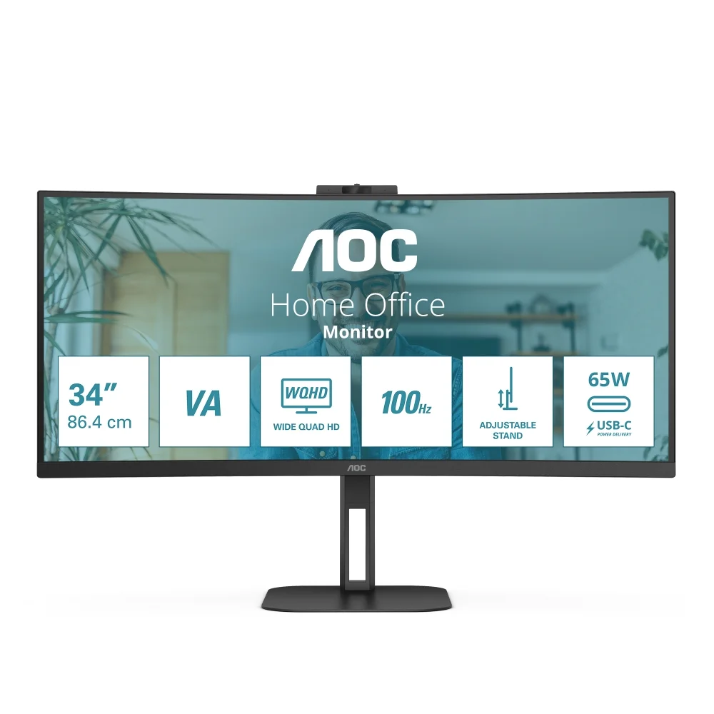 AOC CU34V5CW/BK, 34" Curved 1500R, VA, WLED, 3440x1440@100Hz, 4ms GtG, 1ms MPRT, 300cd m/2, 3000:1, 20M:1 DCR, Adaptive Sync, FreeSync, Low Blue Light, 5Wx2, 2MP Webcam, Tilt, Height Adjust, Swivel, HDMI, DP, USB hub