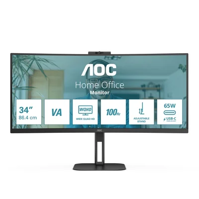 AOC CU34V5CW/BK, 34" Curved 1500R, VA, WLED, 3440x1440@100Hz, 4ms GtG, 1ms MPRT, 300cd m/2, 3000:1, 20M:1 DCR, Adaptive Sync, FreeSync, Low Blue Light, 5Wx2, 2MP Webcam, Tilt, Height Adjust, Swivel, HDMI, DP, USB hub
