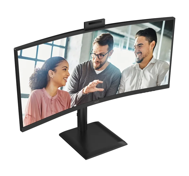 AOC CU34E4CW, 34" Curved 1500R, VA, WLED, 3440x1440@120Hz, 4ms GtG, 1ms MPRT, 350cd m/2, 3500:1, 50M:1 DCR, Adaptive Sync, FlickerFree, Anti-Blue Light, 5Wx2, Webcam 5MP, Tilt, Height Adjust, Swivel, 2xHDMI, DP, USB hub, KVM, RJ45