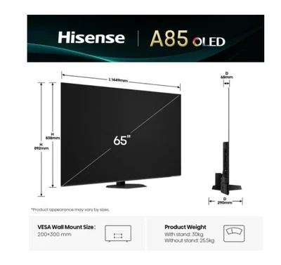 Hisense 65" A85Q, 4K UHD OLED Smart TV, 120Hz, 1000 nits,HDMI 2.1, Game Mode Pro, AMD FreeSync Premium, Dolby Vision IQ & Atmos, Bluetooth, Alexa Built-in, Black