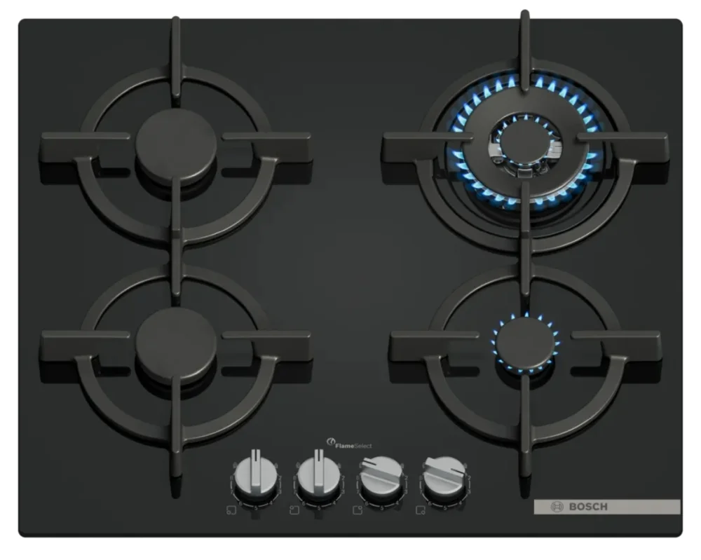 Bosch PPH6A6I10, SER6, Gas hob, 4 zones, Wok burner, 9 power levels, FlameSelect new, Easy cleaning, metal knobs, black, flush, 60cm