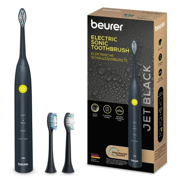 Електрическа четка за зъби Beurer SC 30 Jet Black, до 80 000 движения/мин, 4 почистващи програми, 2 накрайника, USB-C зареждане, 15 дни живот на батерията, черна