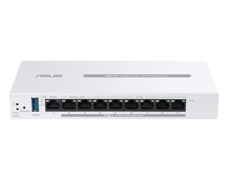 Asus Business Gigabit PoE+ VPN Wired Router, ExpertWiFi EBG19P, 8 PoE+ ports, 123W, 1 gigabit WAN+2 gigabit WAN/LAN, USB 3.2, PoE centralized control, SDN, guest portal, Multi-WAN, Commercial-Grade Network Security & VPN, wall mounting,White