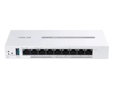 Asus Business Gigabit PoE+ VPN Wired Router, ExpertWiFi EBG19P, 8 PoE+ ports, 123W, 1 gigabit WAN+2 gigabit WAN/LAN, USB 3.2, PoE centralized control, SDN, guest portal, Multi-WAN, Commercial-Grade Network Security & VPN, wall mounting,White