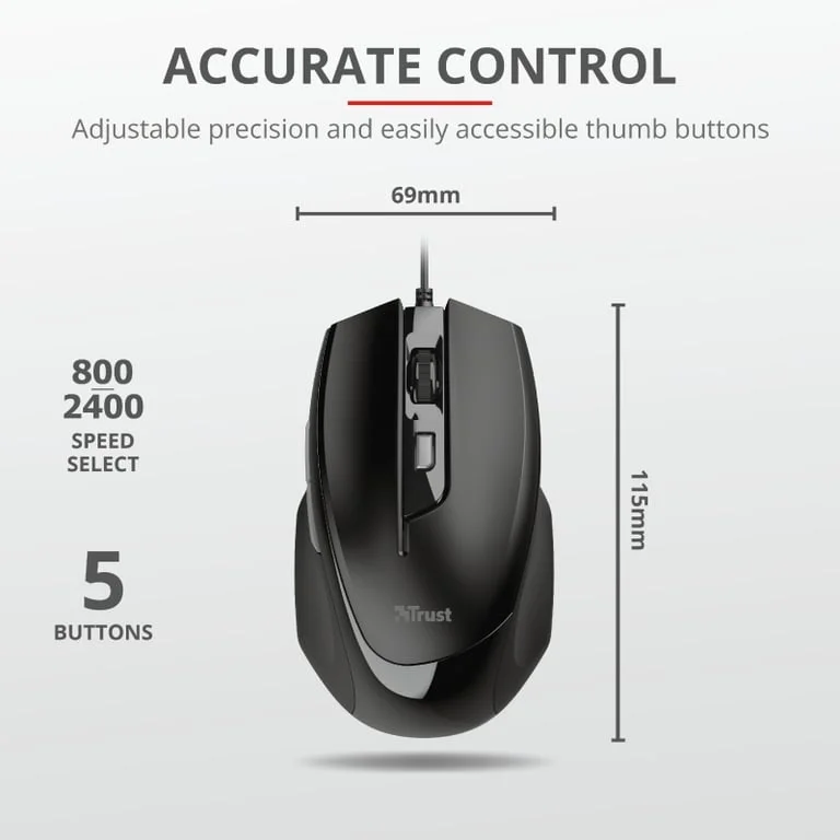 Мишка TRUST Voca Comfort, оптична, 2400 dpi, 6 бутона, черна