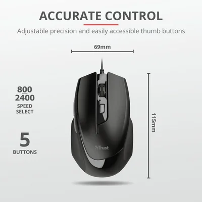 Мишка TRUST Voca Comfort, оптична, 2400 dpi, 6 бутона, черна