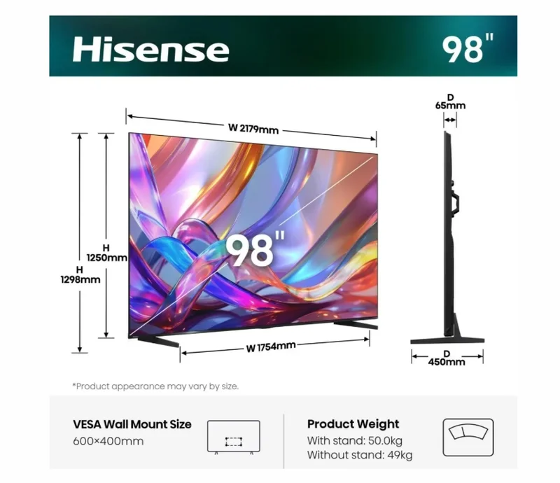 Телевизор Hisense – E7S, 98", 4K UHD, QLED, 144Hz