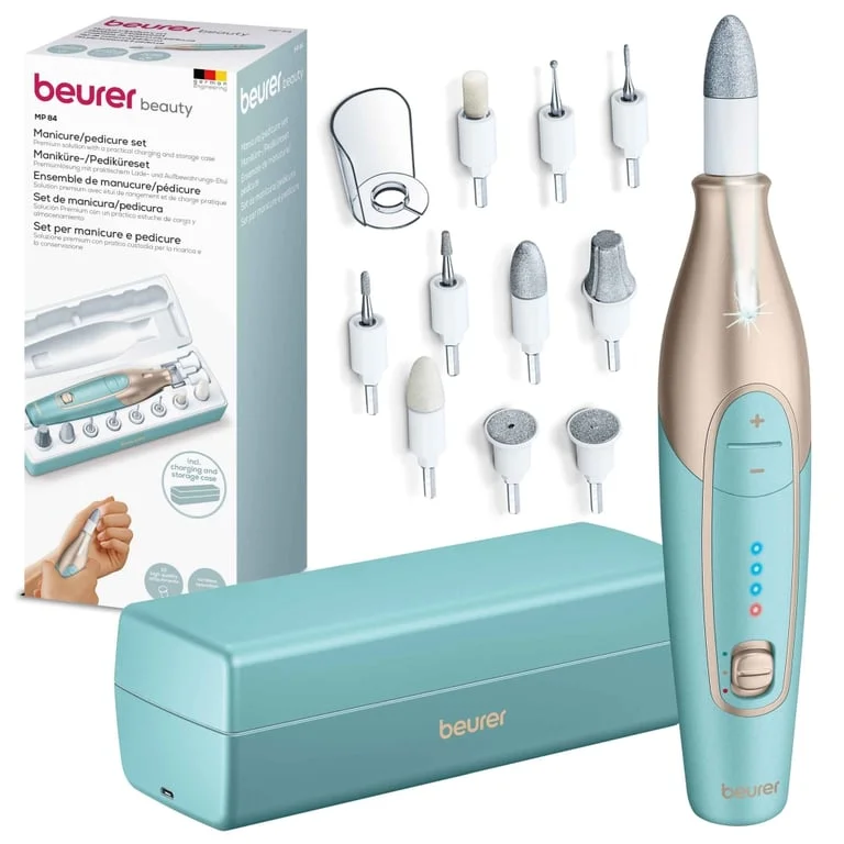 Beurer MP 84 Premium Manicure/pedicure set, 10 attachments, 3 speed levels, Ergonomic design and bright LED light, Lithium ion battery, with practical charging and storage case