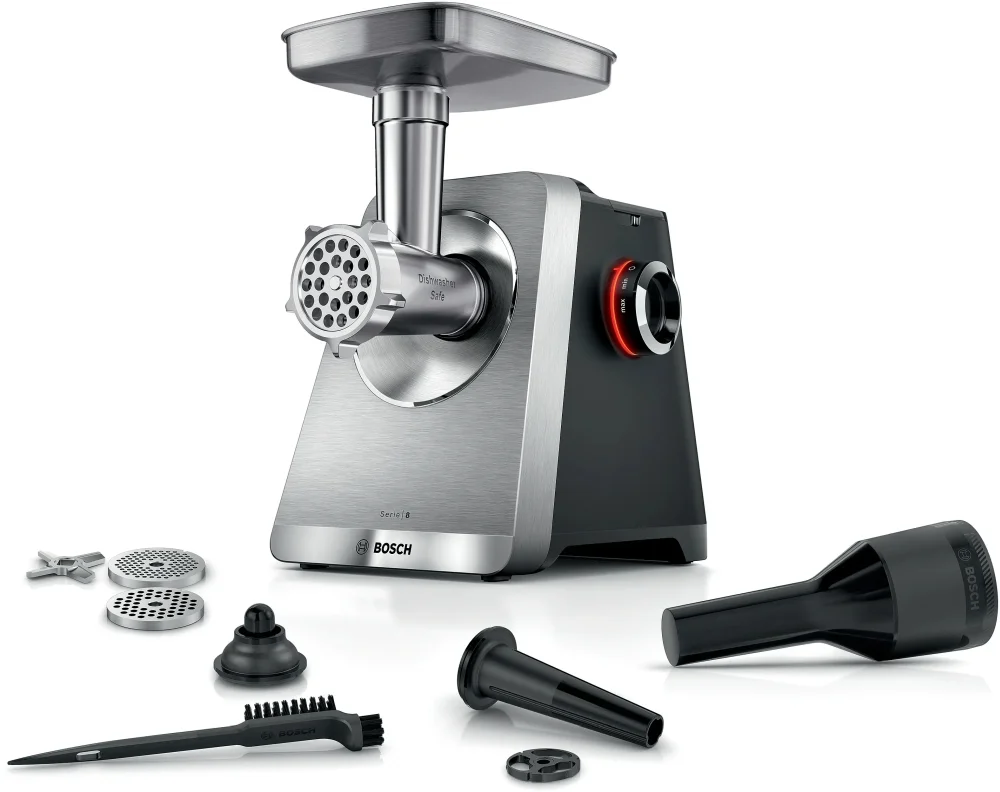 Bosch MFWS820M, SER8, Meat mincer, Blocking power: 2500W, 4,5 kg/min, 10-year motor, dishwasher safe, kebbe att., sausage att., silver black
