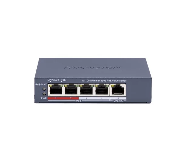 HikVision 4 Port Fast Ethernet Unmanaged POE Switch, 4 x 10/100 Mbps PoE port, 1 x 10/100 Mbps RJ45 port, Total PoE Power Budget 45W, Up to 300 m Long Range PoE Transmission, 6 KV Surge Protection