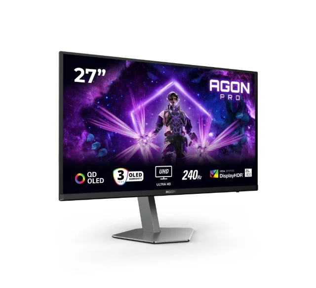 AOC AG276UZD, 26.5" QD-OLED, 3840x2160@240Hz, 0.03ms GtG, 1000cd m/2, 1.500.000:1, 80M:1 DCR, Adaptive Sync, FlickerFree, LowBlue Mode, 5Wx2, Tilt, Height Adjust, Pivot, Swivel, 2xHDMI, DP, USB hub, KVM
