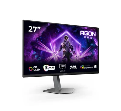 AOC AG276UZD, 26.5" QD-OLED, 3840x2160@240Hz, 0.03ms GtG, 1000cd m/2, 1.500.000:1, 80M:1 DCR, Adaptive Sync, FlickerFree, LowBlue Mode, 5Wx2, Tilt, Height Adjust, Pivot, Swivel, 2xHDMI, DP, USB hub, KVM