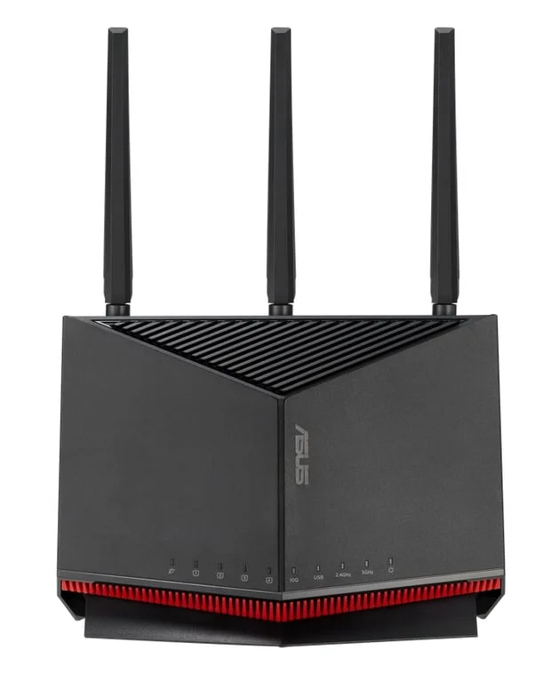 Рутер ASUS RT-BE86U BE6800 Gaming, двубандов, Quad-Core 2.6GHz CPU, 256MB/1GB Flash/RAM, 4K-QAM, MLO, 10G порт, 2.5G четири порта, AiProtection Pro, Adaptive QoS, VPN Fusion, Instant Guard, IPTV, OFDMA, MU-MIMO, UTF-8 SSID, AiMesh, черен