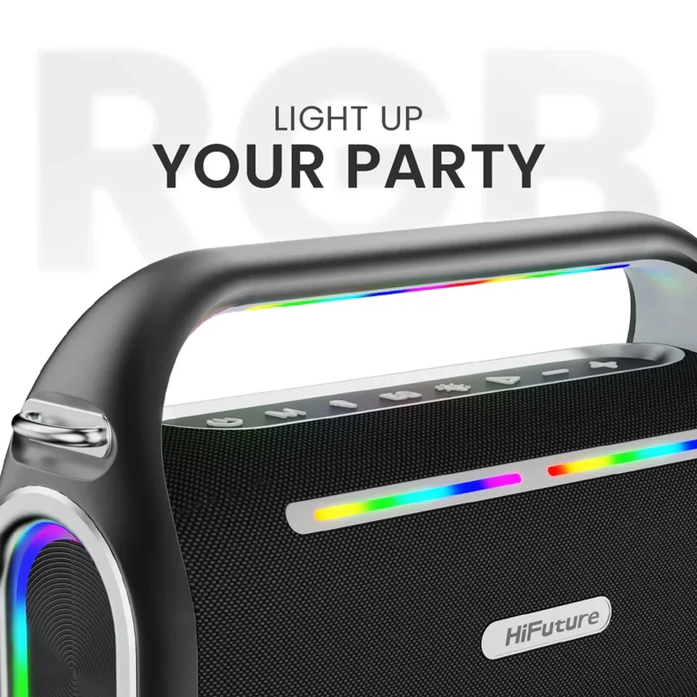 HiFuture MusicBox100 Black, 20W Output, Karaoke Enable, Two Wireless Microphone, 4000mAh Battery (Support Power Bank), RGB Lighting, Pair to Play (TWS Mode), Bluetooth 5.3