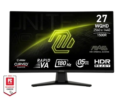 MSI MAG 274CQF, 27", 0.5ms, 180Hz, Rapid VA, 2560x1440 (WQHD), 16:9, CURVE 1500R, Adaptive-Sync, 93% DCI-P3, AG, 300 nits, 5000:1, DCR 100M:1, DP(1.4), 2xHDMI 2.0b, Tilt, VESA, Black, 3 kg