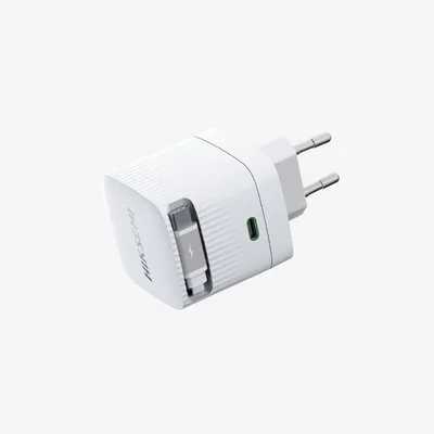 Зарядно HIKVISION GaN Fast Charger 2C 67W, USB-C изтеглящ се кабел и USB-C порт, бяло