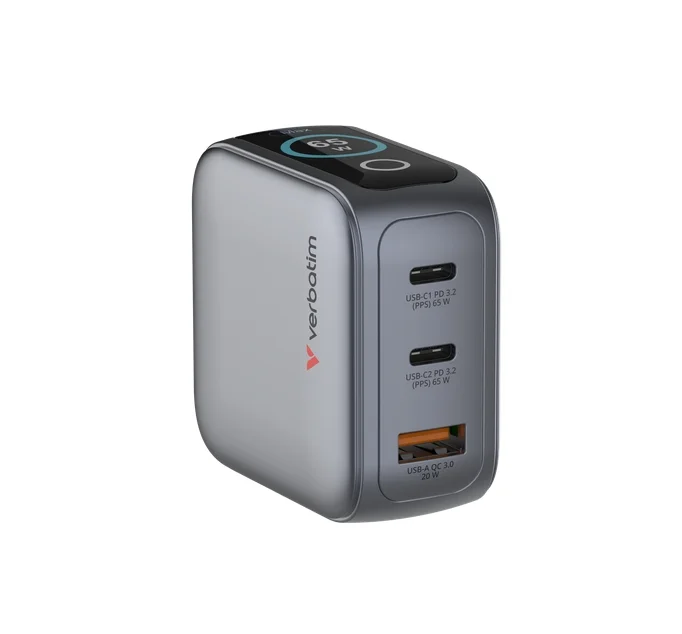Зарядно устройство Verbatim Mini GaN 65W с дисплей и 60W USB-C към USB-C кабел, сиво