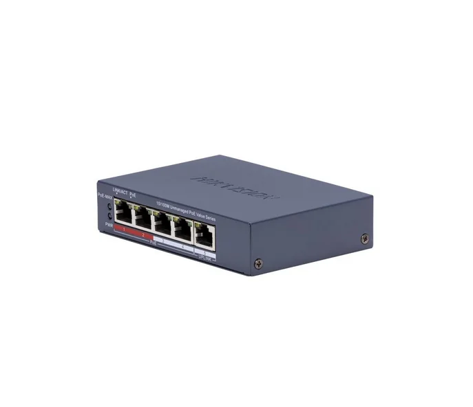 HikVision 4 Port Fast Ethernet Unmanaged POE Switch, 4 x 10/100 Mbps PoE port, 1 x 10/100 Mbps RJ45 port, Total PoE Power Budget 45W, Up to 300 m Long Range PoE Transmission, 6 KV Surge Protection