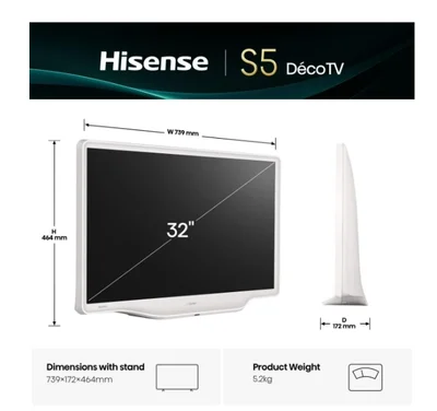 Hisense 32" S5Q, Full HD 1920x1080, QLED, 220 nits, HDR, HLG, DTS HD, Light Sensor, Dolby Audio, Smart TV, WiFi, WiFi Direct, 2xHDMI, 2xUSB, LAN, CI+, DVB-T2/C/S2, White