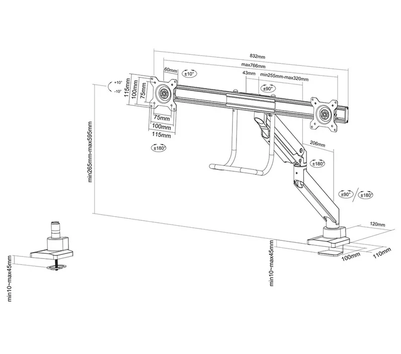 Neomounts Monitor arm 10-32" - gas spring - Topfix - 180°-stop