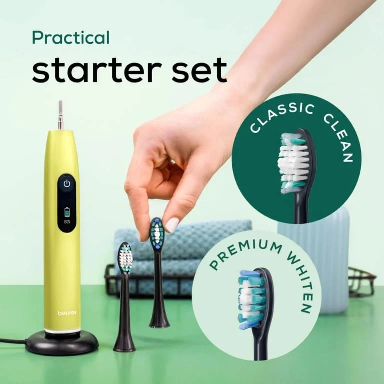Beurer SC 50 splashy lemon Electric Sonic Toothbrush, up to 80,000 mov/min, 5 cleaning programs: Clean, Sensitive, Polish, Gum Care, Whiten, Pressure sensor , 2-min. timer, Incl. 2 toothbrush heads and magnetic charging plate, 22 days of battery life